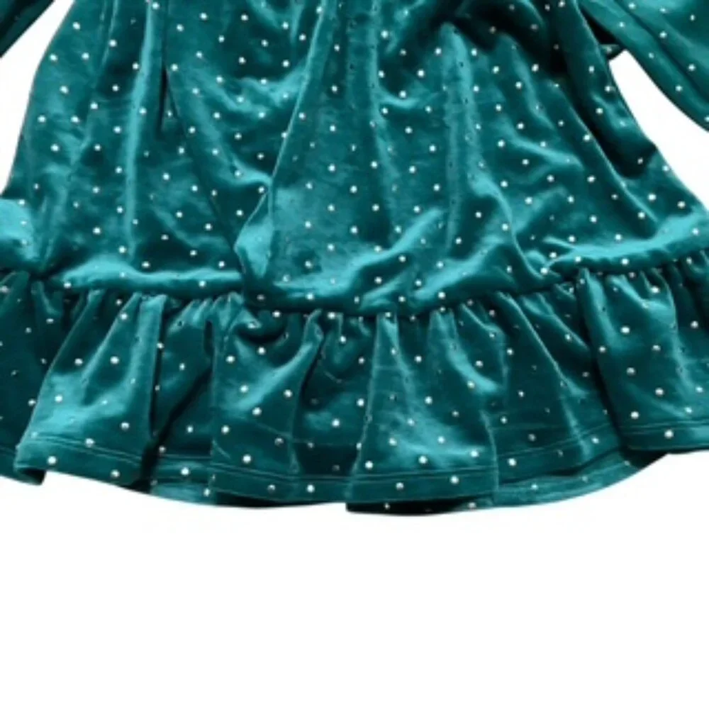 New Tahari Dress Girls Size 2 Green Velour Velvet With Gold Studs & Headband NWT